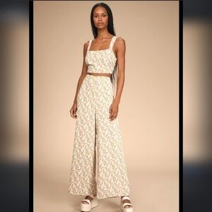 NEW Lulus sz L Best Dream Multi Floral Print Two-Piece Set Wide-Leg Jumpsuit